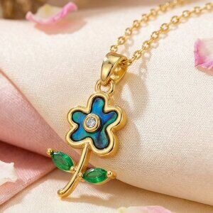 18K Gold Plated Blue Flower Necklace Abalone Shell & Sparkling Zirconia Pendant